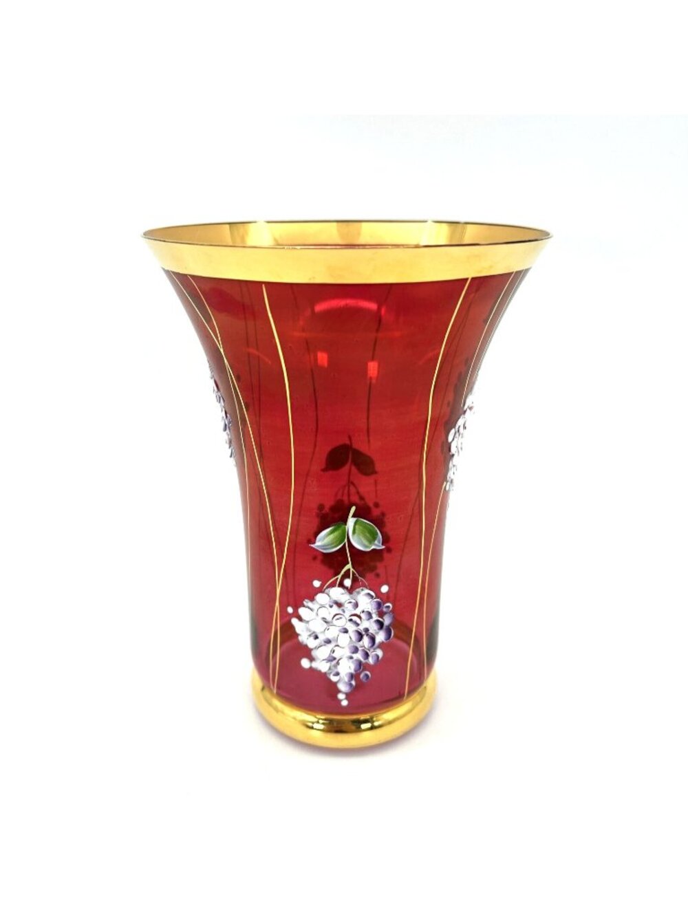 Famosa LPW Vienna Austria Ruby Red Glass Vase Hand Painted Grapes Gold Trim 7"